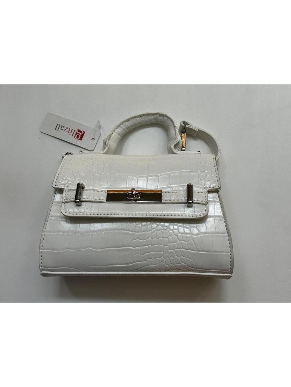 Glitzall White Croc-Embossed Handbag with Gold Hardware